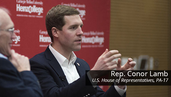 Representative Conor Lamb speaks at Heinz College